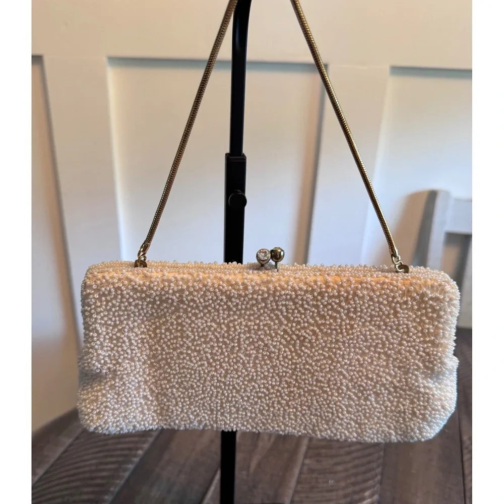 Beaded Purse Ivory Vintage Rhinestone Kiss Lock‎ Gold Chain Formal Clutch Bag